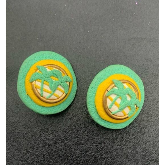 Vintage Teal Green & Yellow Palm Trees & Sunshine Clip On Earrings Unique - Picture 2 of 4